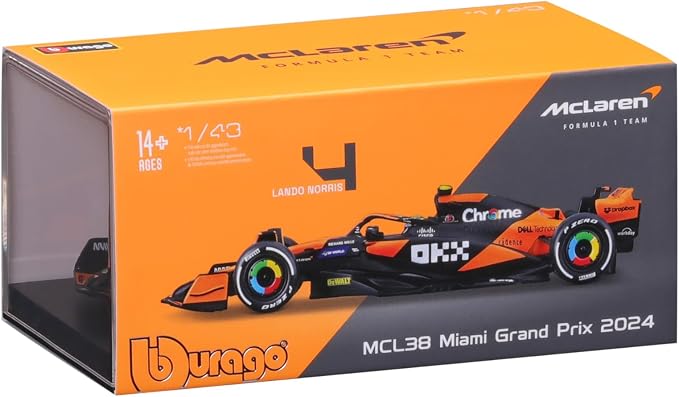 Bburago 1:43 Scale 2024 Race McLaren MCL38 Die-Cast Formula Vehicle with Helmet, Norris #4
