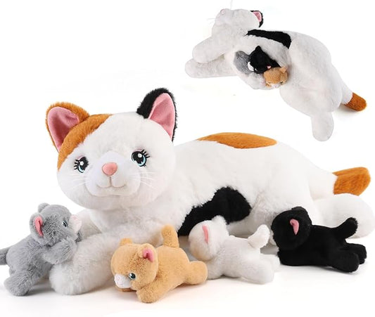 gnomantic Cat Stuffed Animals with Babies Inside, Mommy Toy for Kids | 5-Piece set: 1 mommy cat + 4 baby kittens inside. Unzip belly to reveal surprise babies. Ultra-soft, ages 3-8.