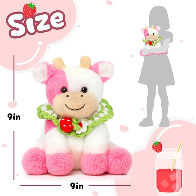 Hopearl Adorable Plush Cow Toy with Knitted Cute Strawberry Bib Floppy Dairy Cattle Soft Stuffed Animal Kawaii Gift for Boys Girls Kids Toddlers, Pink, 9''
