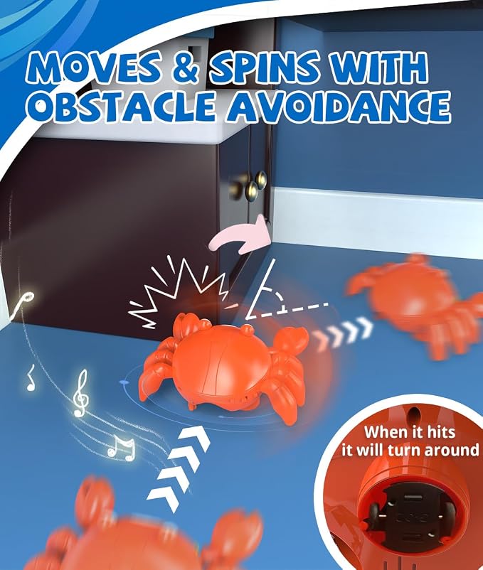 360° Crawling Crab Bubble Macine, Obstacle Avoidance, Music & LED Light | USB-C Rechargeable Tummy Time Toy, 3 Separate Buttons Control Bubbles, Movement & Music, Gift for 3+ Toddlers, Boys, Girls