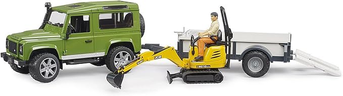 Bruder Land Rover Defender Rigid Drawbar Trailer Jcb Micro Excavator and Construction Worker
