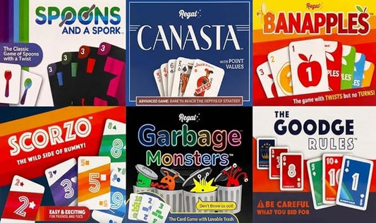 Regal Games Fun Card Games Set for Adults - Canasta, Spoons and a Spork, Garbage Monsters, ScorZo, The Goodge Rules, and Banapples Decks - Fun & Travel Playing Cards for Family Game Night