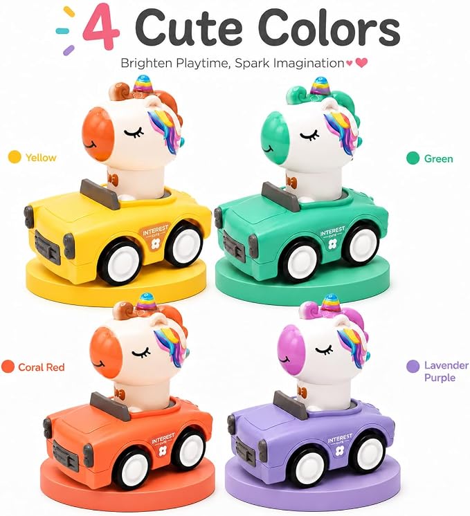 Press and Go Car Toys for Toddler Girls 1-3, 4 Pack Unicorn Vehicles | 4 colorful unicorn cars for toddler girls, press-and-go play, sharing races, birthday gifts, and screen-free floor fun