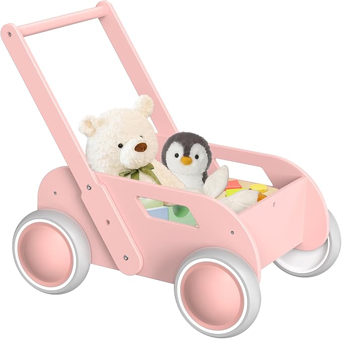Wooden Baby Walker, Push and Pull Learning Walk Toys for Infants to Toddler, Walker with Wheels for Boys Girls, Gift for Birthday Christmas, Pink