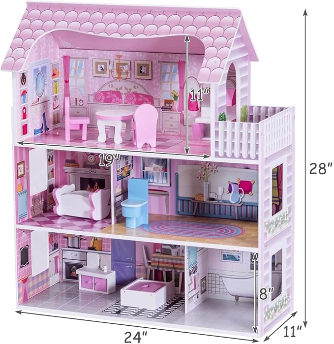 Honey Joy 3-Level Wooden Dollhouse with 8 Pcs Furniture, Pretend Play Kids Doll's House, Princess Mini Toy Playset, Gift for Little Girls (Pink, 2.5FT)