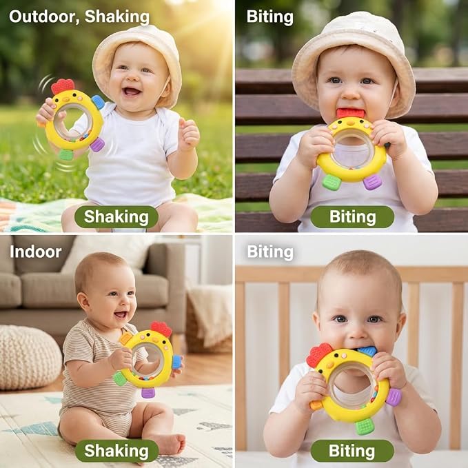 Baby Teether Rattle Toy,Babies Teething Rings Toys for 0-6 6-12 Months,Chicken Shape Textured Silicone Chew Toy for Gum Relief,Silicone Teether,BPA Free Baby Chew Toys Newborn Accessories