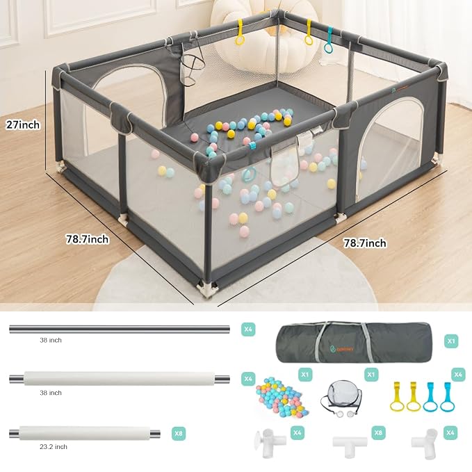 COMOMY Playpens for Babies and Toddlers, 79"x79" Baby Playard Extra Large, Safe and Non-Slip Baby Fence, Full Mesh Design, Indoor & Outdoor Kids Activity Center, Play Pens (Dark Grey)