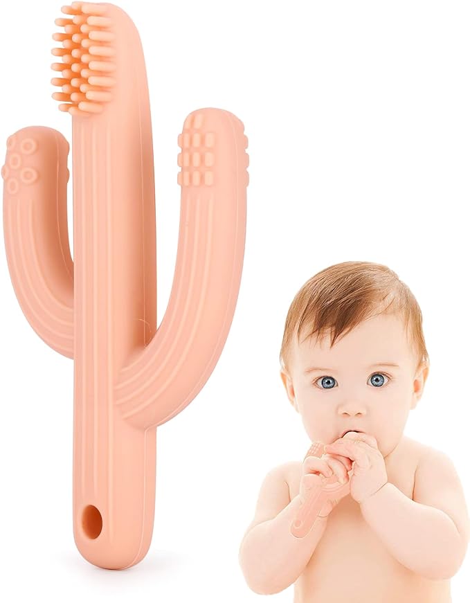 Cactus Teether, Baby Teething Toys for Babies, Self-Soothing Pain Relief Soft Baby Toothbrush for Babies, Toddlers, Infants, Boy and Girl, Natural Organic BPA Free(Peachy)