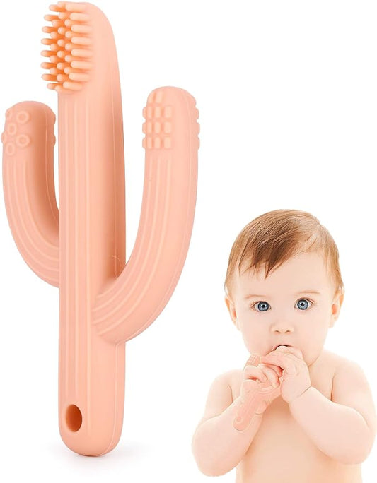 Cactus Teether, Baby Teething Toys for Babies, Self-Soothing Pain Relief Soft Baby Toothbrush for Babies, Toddlers, Infants, Boy and Girl, Natural Organic BPA Free(Peachy)