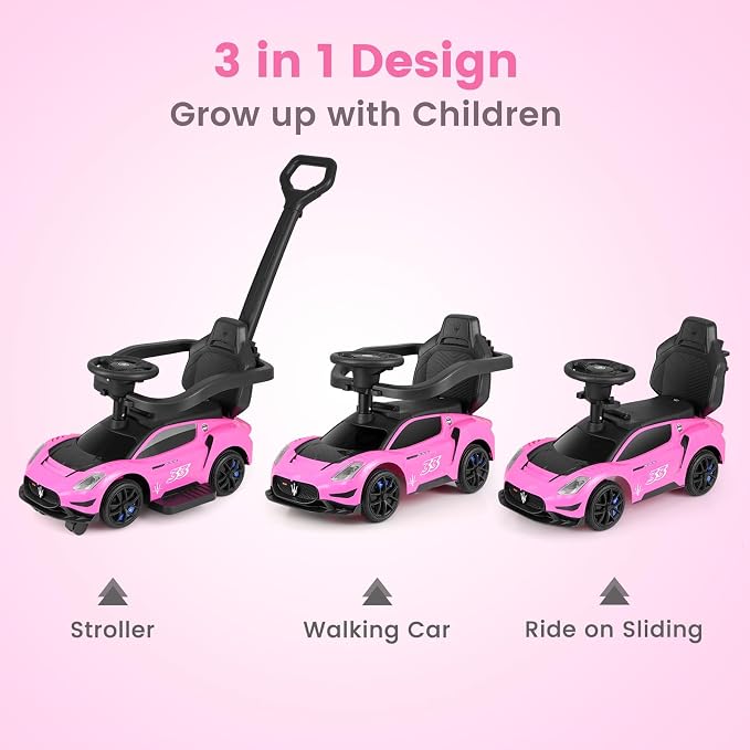 OLAKIDS Push Car for Toddlers, Licensed Maserati 3 in 1 Baby Ride on Sliding with Parent Control Handle, Universal Wheels Safe Guardrails Under Seat Storage, Kids Walking Toy with Music Horn (Pink)
