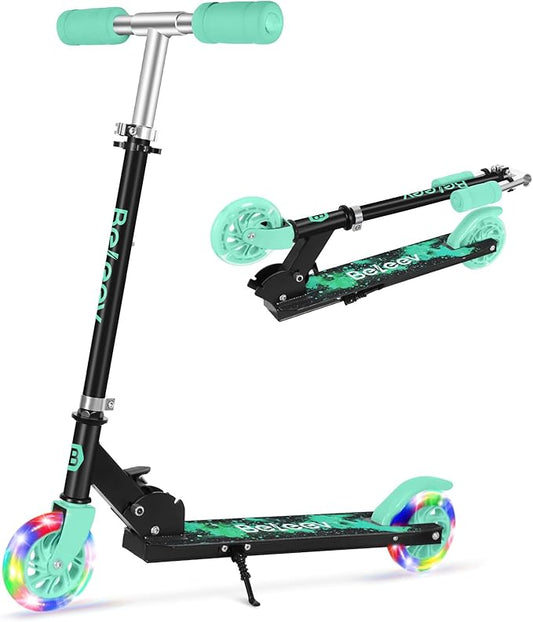 BELEEV V1 Scooters for Kids, 2 Wheel Folding Kick Scooter for Girls Boys, 3 Adjustable Height, Light Up Wheels, Lightweight Scooter with Sturdy Frame, Kickstand for Children 3 to 12 Years Old