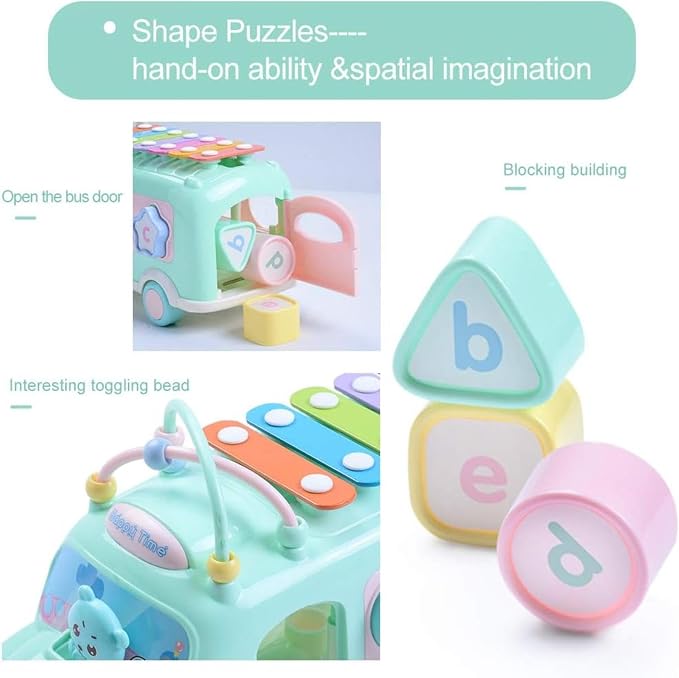 5-in-1 Baby School Bus Xylophone Toys for 1 Year Old Girl Gifts, Educational Toddler Toys , 1st Birthday Gril Gift, Toddlers Montessori Musical Baby Bus with Shape Sorter & Knock Hammer