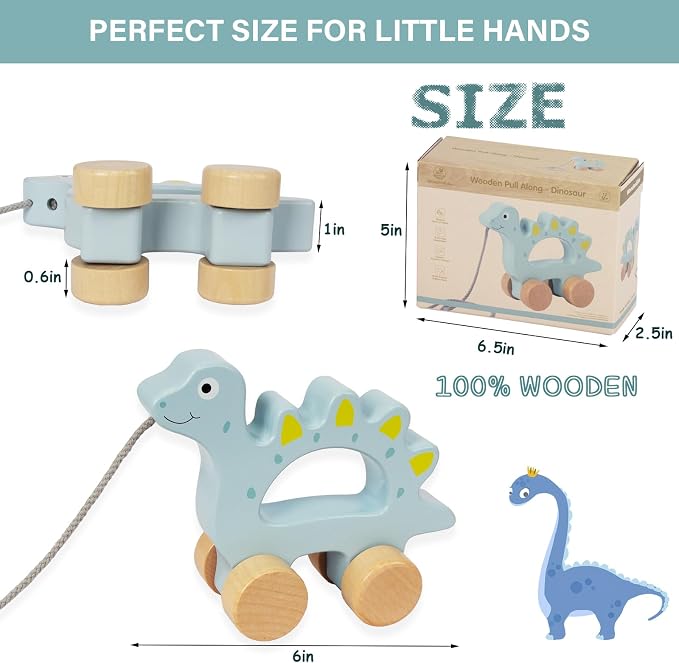 Baby Toys Car,Wooden Pull Along Toddler Toy, Developmental Toy for 1 Year Old Girl Boy Birthday Gift (Dinosaur)