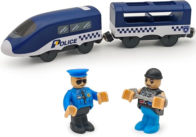 Battery Operated Police Train for Wooden Train Tracks with Figures Kids Magnetic Wooden Trains Set for Toddlers Boys 3-5 4-8 (Without Battery and Tracks) (Blue)