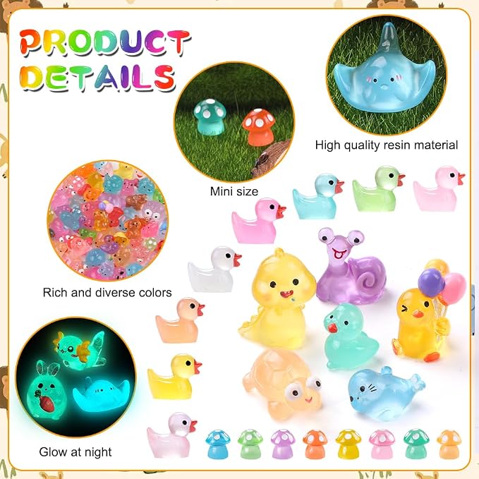 DIYDEC 206pcs Mini Luminous Resin Animals, Miniatures Glow in The Dark Toys Tiny Little Figures to Hide Small Duck Decor for Party Favors Bag Fillers Fairy Garden Dollhouse Accessories