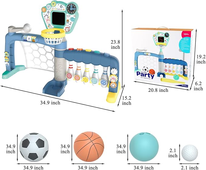 5-in-1 Toddler Sports Toys Activity Center: Includes Basketball Soccer Bowling Baseball Golf, Toddler Basketball Hoop Indoor with Adjustable Height 1-3 Year Old Boys Girls Toys, Toddlers & Baby Gift