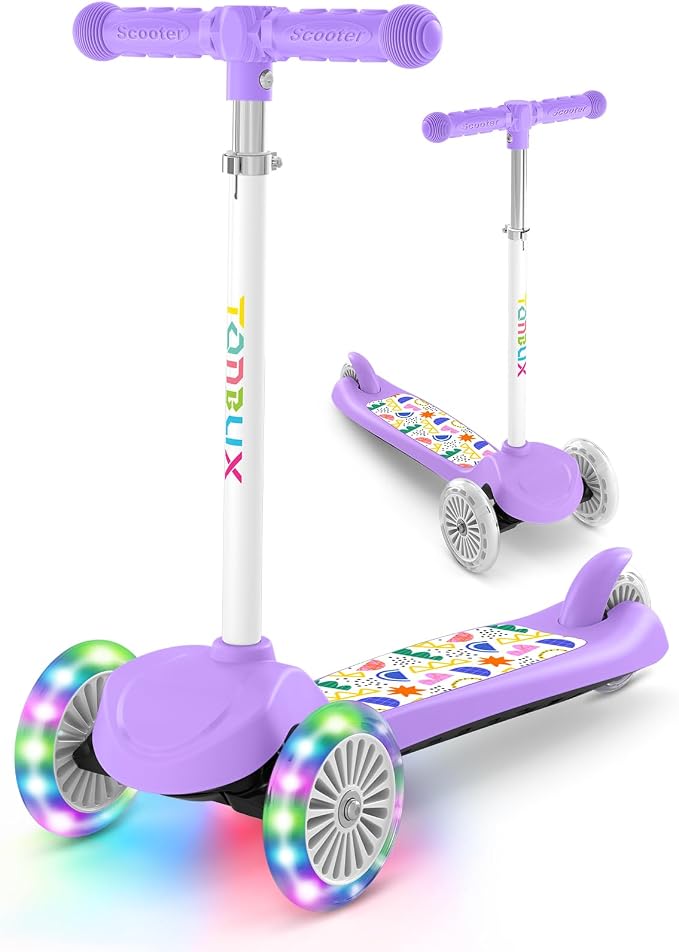 TONBUX Kids Scooter for Ages 3-5, Toddler Scooter with Light-Up Deck and Wheels, Adjustable 4-Level Height 3-Wheel Scooters for Kids, Lean-to-Steer Design
