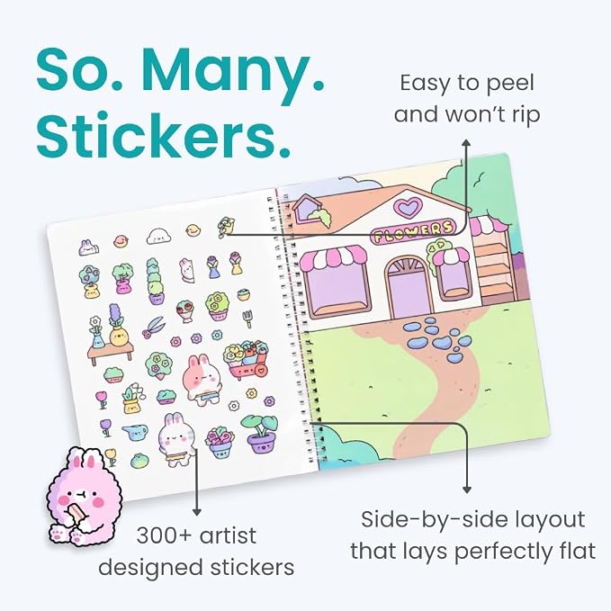 Life of Cute Bunnies 300+ Kids Sticker Book by Cupkin Toddler Airplane Travel Coloring Book, Easter Basket Stuffer, Road Trip Essentials, 8 Coloring Pages 8 Side by Side Scenes for Ages 2–8 Years