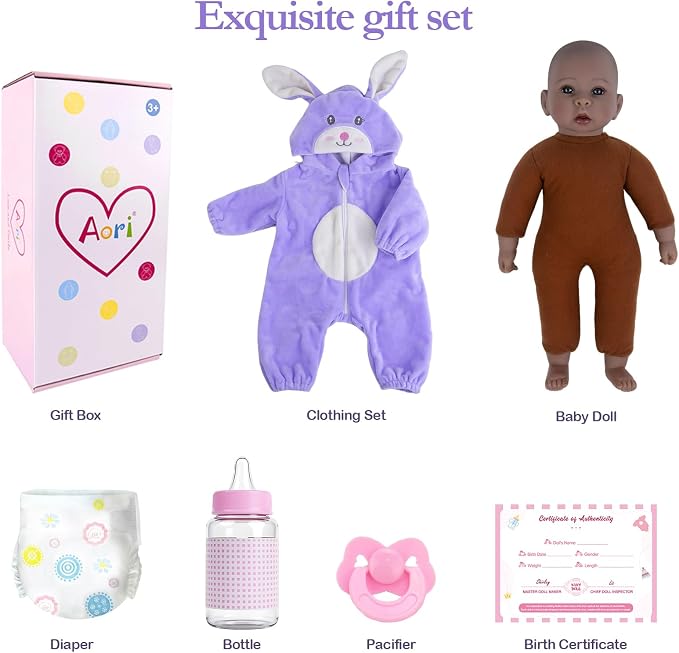 Aori Black Baby Dolls Realistic,17-inch Lifelike Soft Body Baby Girl That Look Real with Feeding Kit Included, Ideal Gift for Kids, Birthday, Pretend Play
