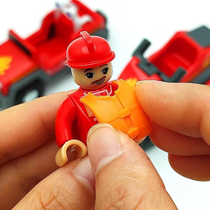 Wooden Train Cars Track Accessories Set Rescue Fire Truck with Light and Sound Small Vehicles Magnetic Train Cars Fit for Wooden Train Track Railway for Boys and Girls (Fireboat)