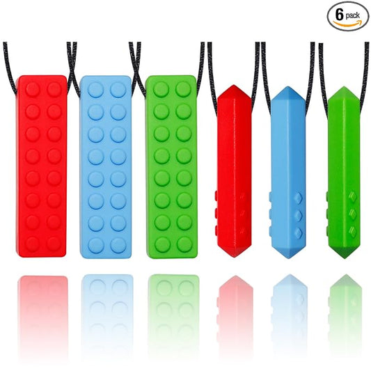 Chew Necklaces for Sensory Kids, 6 Pack Chewy Necklaces for Autism and ADHD, Silicone Pendants Chewies for Baby Teething, Chewing Necklaces for Toddler Boys and Girls