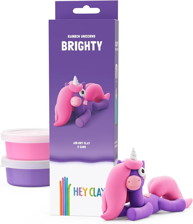 HEY CLAY Modelling Air-Dry Clay with Fun Interactive App - Modeling Clay and Crafts Set for Kids Ages 3 to 8 - Series Rainbow Unicorns, 3 cans (Brighty)