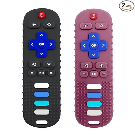 ROBBEAR Baby Teething Toys, Food Grade Silicone Teether for Babies 3 6 12 18 Months, TV Remote Shape Toddlers Chew Toys, Freezer BPA Free (Black+Red)