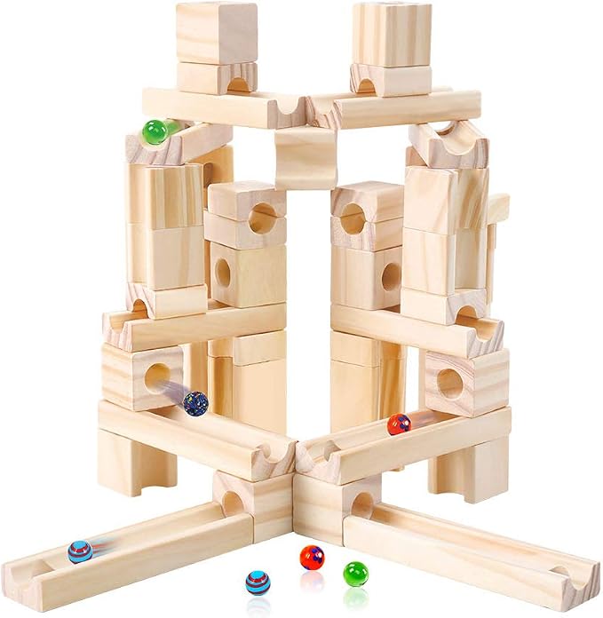 Golden Age Marble Run Toys, 60 Pieces Wooden Classic Ramps Track Building Construction Set for Children Toddler