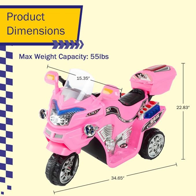 Kids Motorcycle - 3-Wheel Ride on Toy with Reverse, Sounds, and Headlights - 6V Electric Motorcycle for Kids Ages 3 to 6 by Lil' Rider (Pink)