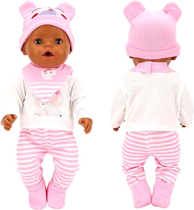 5 PCS Baby Doll Clothes 14-16 Inch Baby Doll Elephant Pattern Outfit Accessories for Sweet Baby Dolls Clothing with Pink Hat, Top Pants Socks