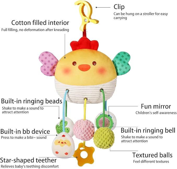 Carseat Toys Hanging for Babies 0-6 Months Boy Girl – Chicken Pull String Baby Toy with Crinkle, Rattle, Mirror, BB Squeaker – Crib Toys Hanging, Stroller, Car Seat Toy, Baby Hanging