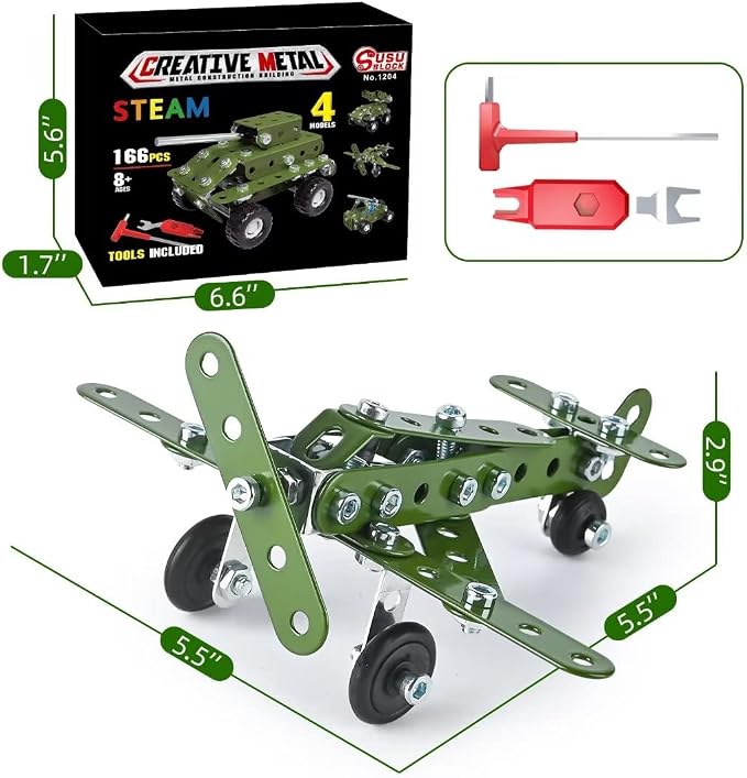 Ferthor Fun Metal Building Military Series Assembly Toys,Small Construction Set for Kids Ages 4-8, Military Toys for Boys Age 8-12,STEM Toy Gifts for Model Army Kit(166pcs No Motor)
