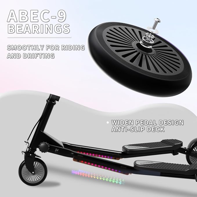PHOEROS Upgraded Swing Wiggle Scooter,3 Wheels Drifiting Kick Scooter for Kids Ages 6-12,Teens&Adults,Youth Drifting Scooter with LED Light/4 Height Adjustable/Foldable Best Gift for Kids
