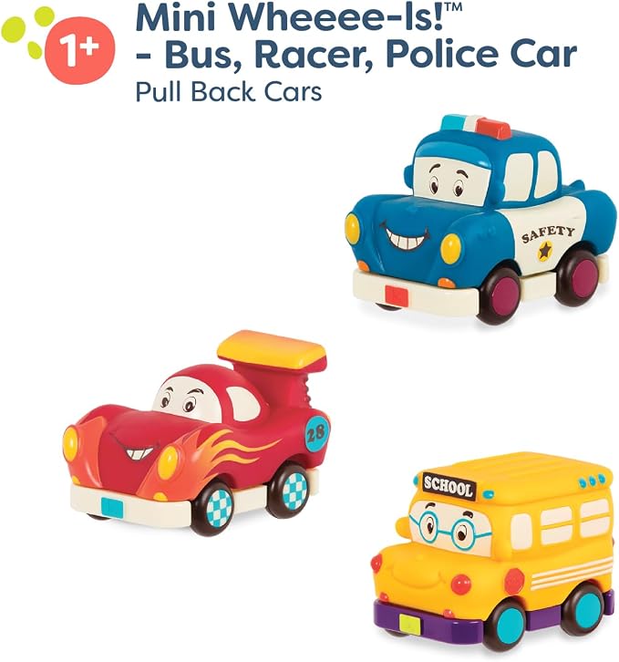 B. toys – Mini Wheeee – ls! – 3 Pieces Mini Pull – Back Vehicles Set, Bus & Cars, Multi, Hot Rod, School Bus, Police Car – 1 Year +