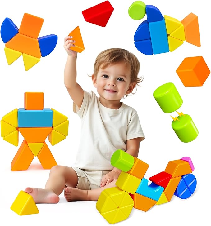 Pairez Toys Magnetic Stacking Blocks for Kids, 1.65 Inch Large Magnetic Cubes & 8 Shapes, 20 PCS Magnet Toys, Montessori & Sensory Building Toys for Boys & Girls Ages 3+