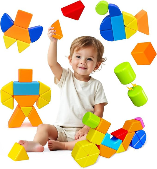Pairez Toys Magnetic Stacking Blocks for Kids, 1.65 Inch Large Magnetic Cubes & 8 Shapes, 20 PCS Magnet Toys, Montessori & Sensory Building Toys for Boys & Girls Ages 3+