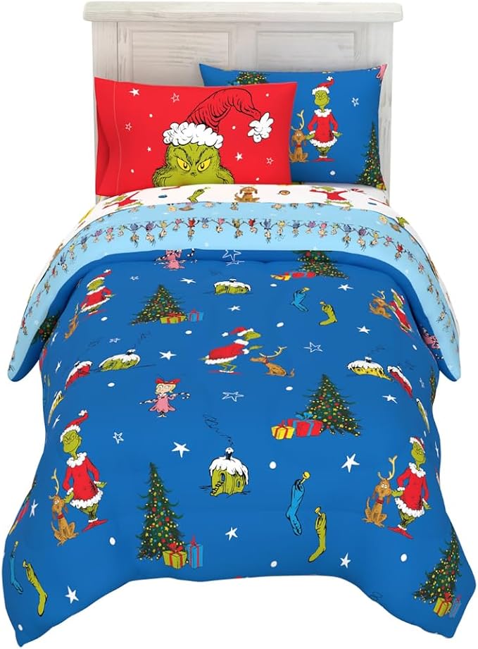 Grinch by Dr. Seuss Holiday & Christmas Bedding Soft Comforter and Sheet Set with Sham, 5 Piece Twin Size, (Official Dr. Seuss Product) By Franco