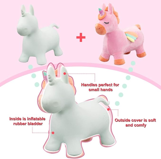Bouncy Hopper Horse Unicorn Toys, Inflatable Bouncing Animal Hopping Toys, Outdoor Indoor Ride on Bouncer, Boys Girls Birthday Gift for 18 Month 2 3 4 5 6 Year Old Kid- Plush Unicorn Toy