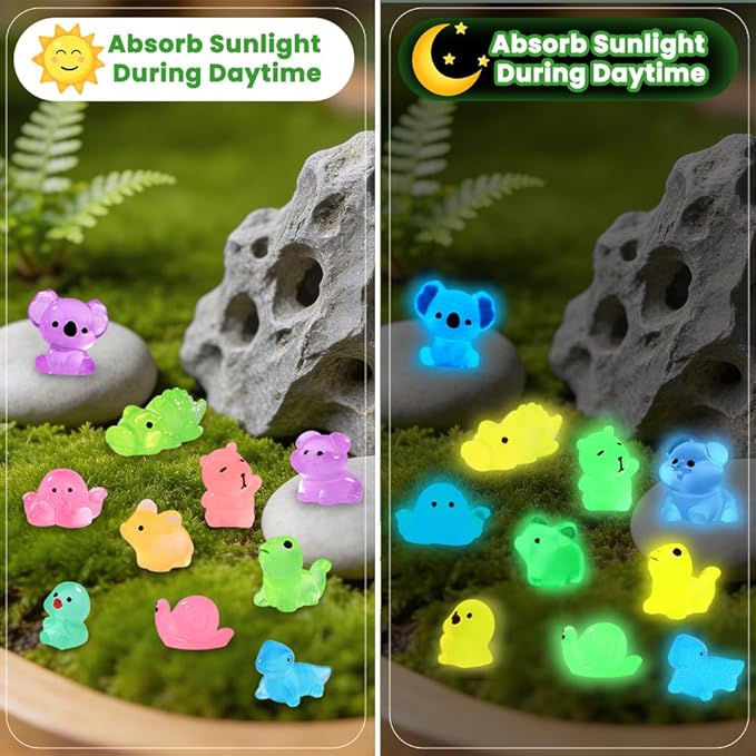 DIYDEC 184PCS Luminous Mini Resin Animals, Miniatures Figures Glow in The Dark Small Tiny Toys to Hide Little Ducks Decor for Party Favors Bag Fillers Fairy Garden Dollhouse Accessories