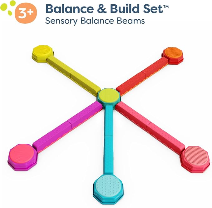 B. toys – Balance Beam for Kids – Interlocking Balancing Beams – 6 Sensory Pads & 10 Beams – Active Play for Toddlers, Kids – 3+ Years – Balance & Build Set - Rainbow Color