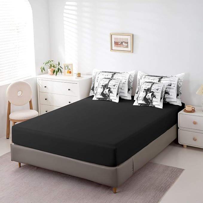 Feelyou Music 7 Pieces Bedding Set Queen Size Guitar Comforter Set with Sheets for Kids Boys Girls Rock Music Bed in a Bag Guitar Instruments Bed Set