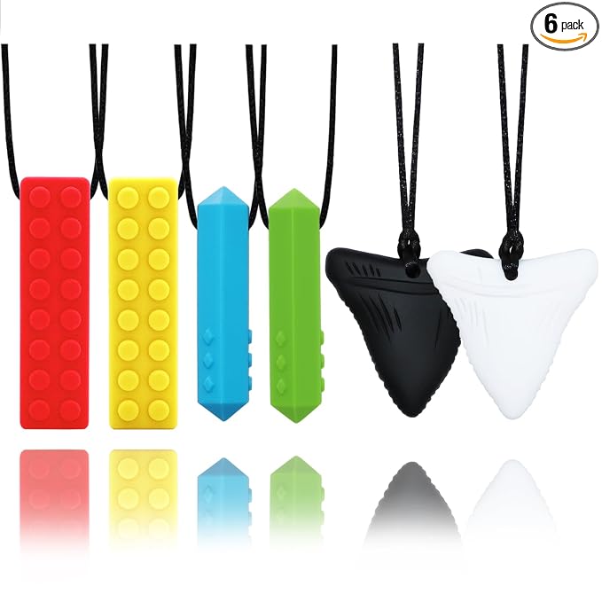Chewy Necklaces for Sensory Kids, 6 Pack Chew Necklaces for Sensory Boys and Girls with Autism, ADHD, SPD, Chewing, Biting, Silicone Oral Sensory Chew Teething Toys for Adults Reduce Anxiety Fidget