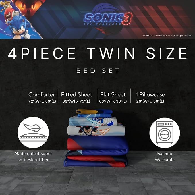 Sonic The Hedgehog 3 Movie Kids Bedding Super Soft Comforter and Sheet Set, 4 Piece Twin Size, (Officially Licensed Product) By Franco