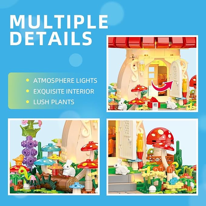 Dreamy Mushroom House Building Blocks Set with LED Light, Fairy Tale Forest House Building Kit with Cute Animals, Botanical Collection Display Model, Ideal Gift for Teens Adults(1296PCS)