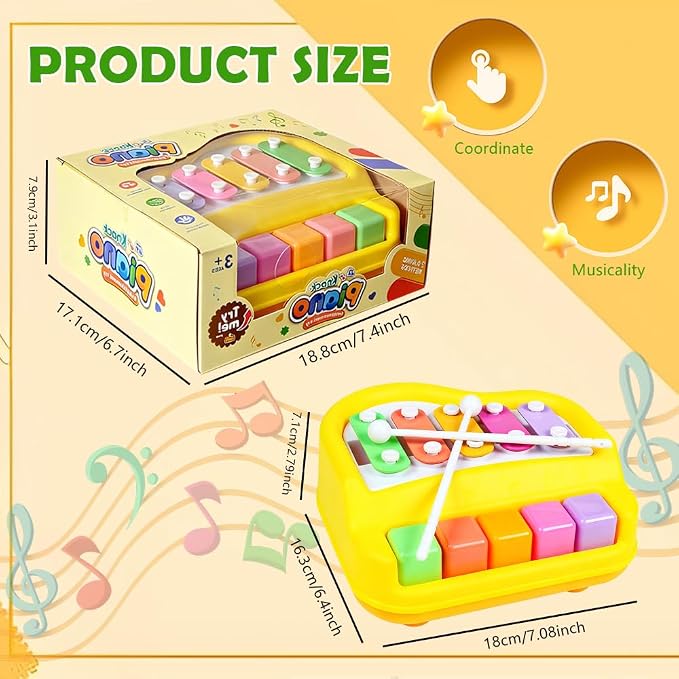 2 in 1 Xylophone for Toddlers, Baby Xylophone Piano Toy with 5 Multicolored Key Scales and Two Mallets for Kids, Educational Musical Learning Instruments Toy for Boys and Girls (Yellow)