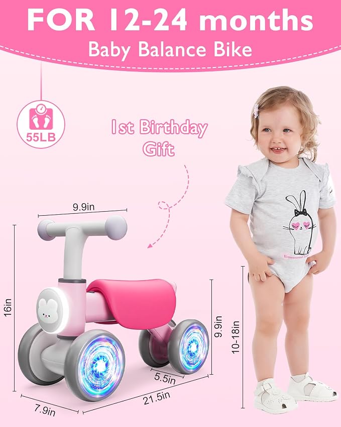 Balance Bike Toddler Outdoor Toys for 1 2 Year Old Girl Birthday Gifts | Baby Shower Gifts 4 Wheels Colorful Lighting Baby Bike with Music Ride On Toy for 1 2 Year Old