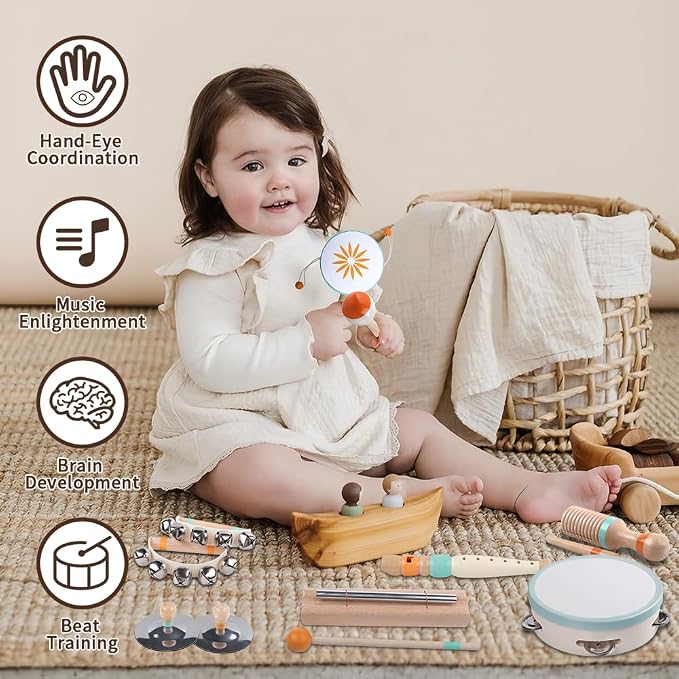 Toddlers Musical Instruments-Baby Montessori Wooden Musical Toys for Toddlers 18 Month,Kids Percussion Instruments Toy for Preschool Kids,Christmas Birthday Gift for Baby Boys Girls
