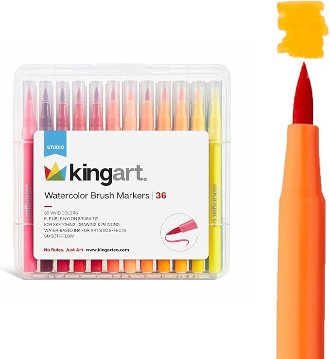 KINGART Watercolor Brush Marker Set – 36 Vivid Colors – Flexible Nylon Tips for Sketching, Drawing, Calligraphy, & Painting – Reusable Storage Case Included