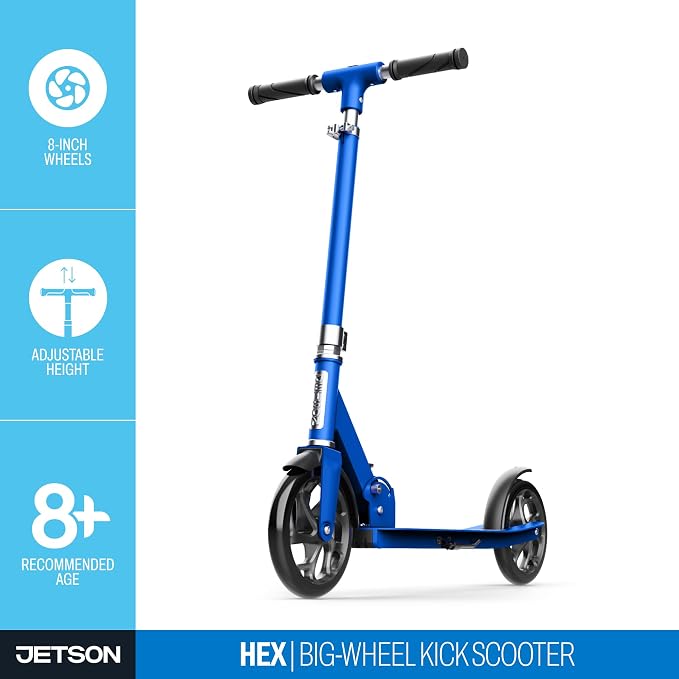 Jetson Jupiter Jumbo 2-Wheel Kick Scooter, Sturdy Wide Deck, Height Adjustable Handlebar, Rear Brake, Easy-Folding Mechanism, 8 inch wheels