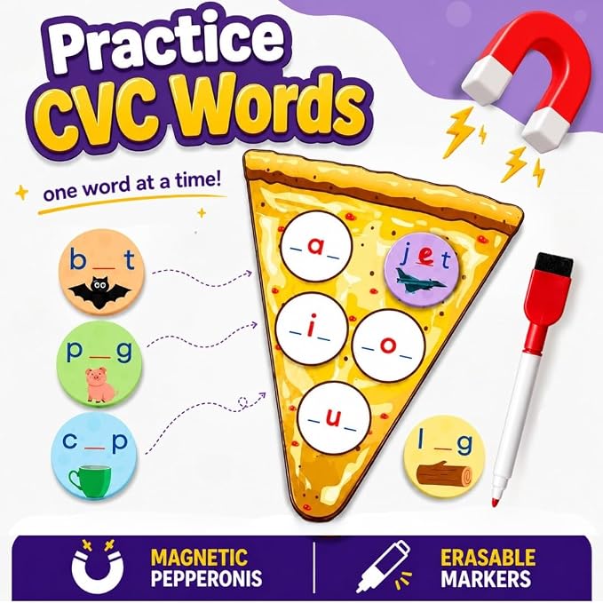 Pidoko Kids Phonics CVC Word Game - Magnetic Write & Wipe Vowels - Spelleroni Pepperoni Preschool & Kindergarten, Homeschool, Speech Therapy for Ages 3+